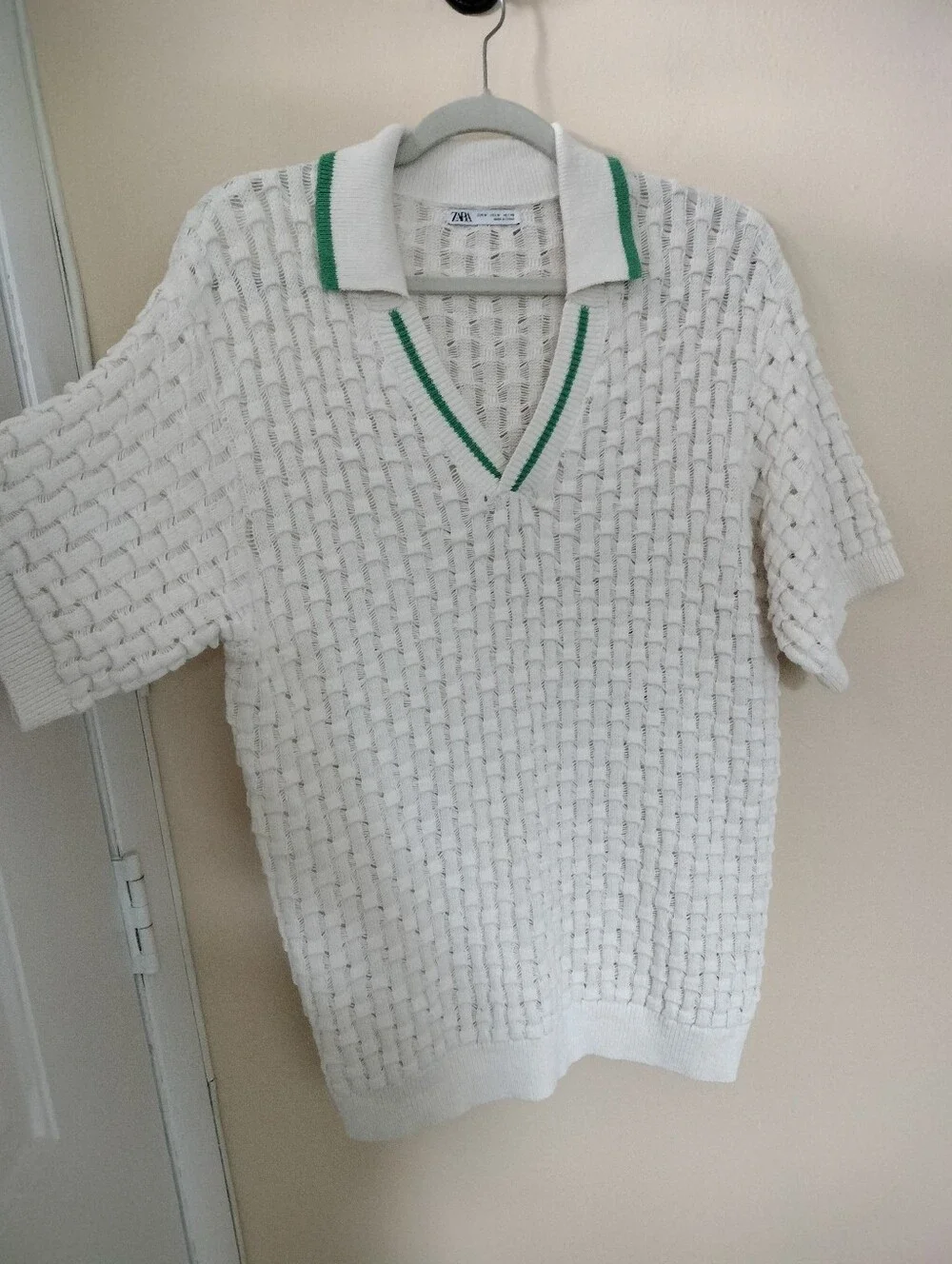 Zara Mens Ivory Linen Cotton Blend Open Knit  Polo Sweater M Preppy Vacation